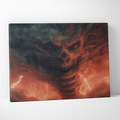 Apocalyptic Storm Skull Formed in Fiery Clouds – Menacing Demonic Face Emerging from Lightning-Filled Sky, Dark Fantasy Horror Atmosphere Wall Art Print
