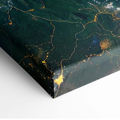 Dark green canvas print with golden crackle and splatter details hurricane from space wall art for modern decor