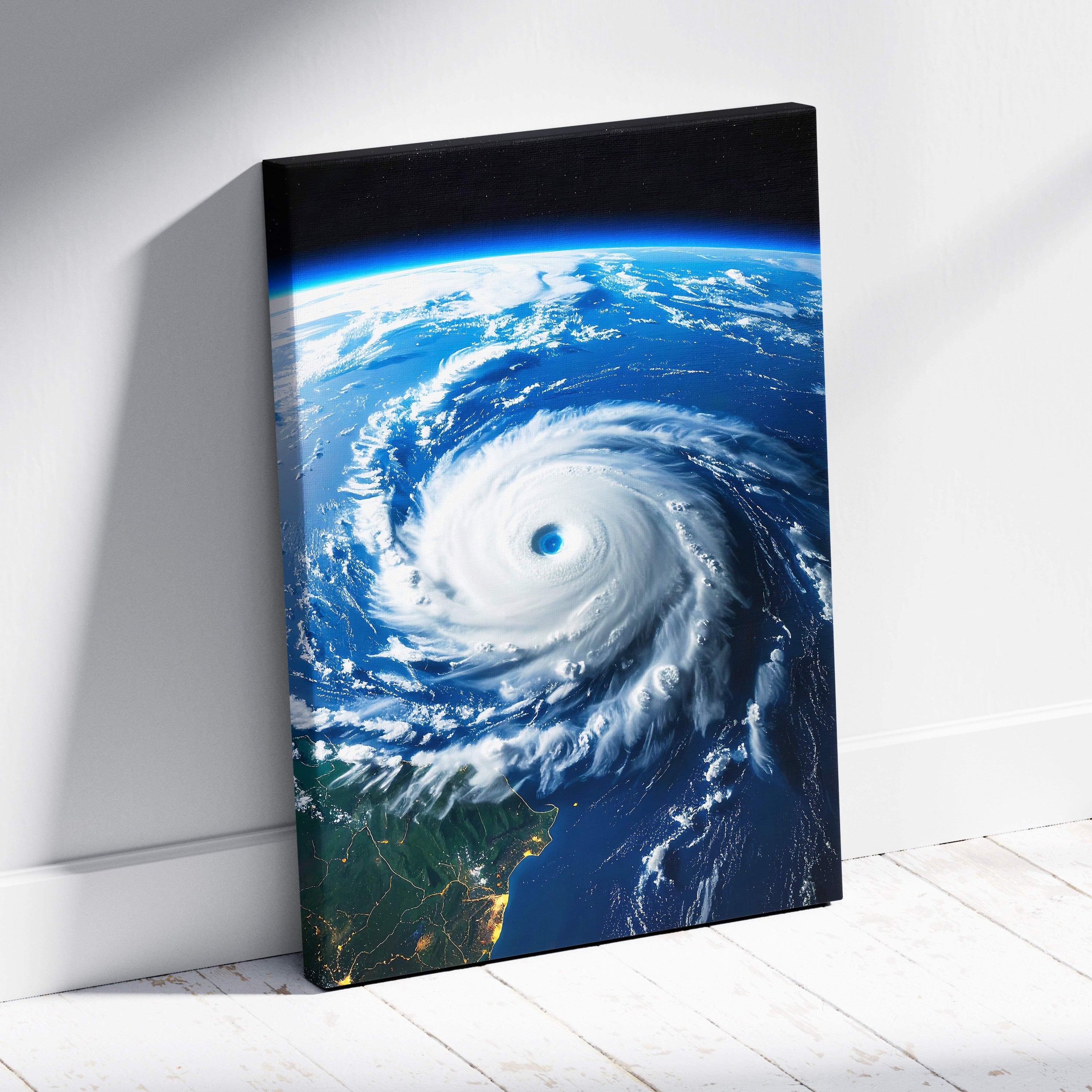 A vibrant blue and white hurricane canvas print framed in black depicting earth storm satellite view for modern decor