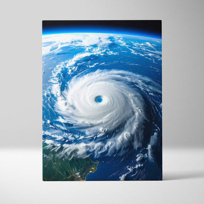 Rectangular canvas print of a vivid swirling hurricane with white clouds and deep blue ocean from space view