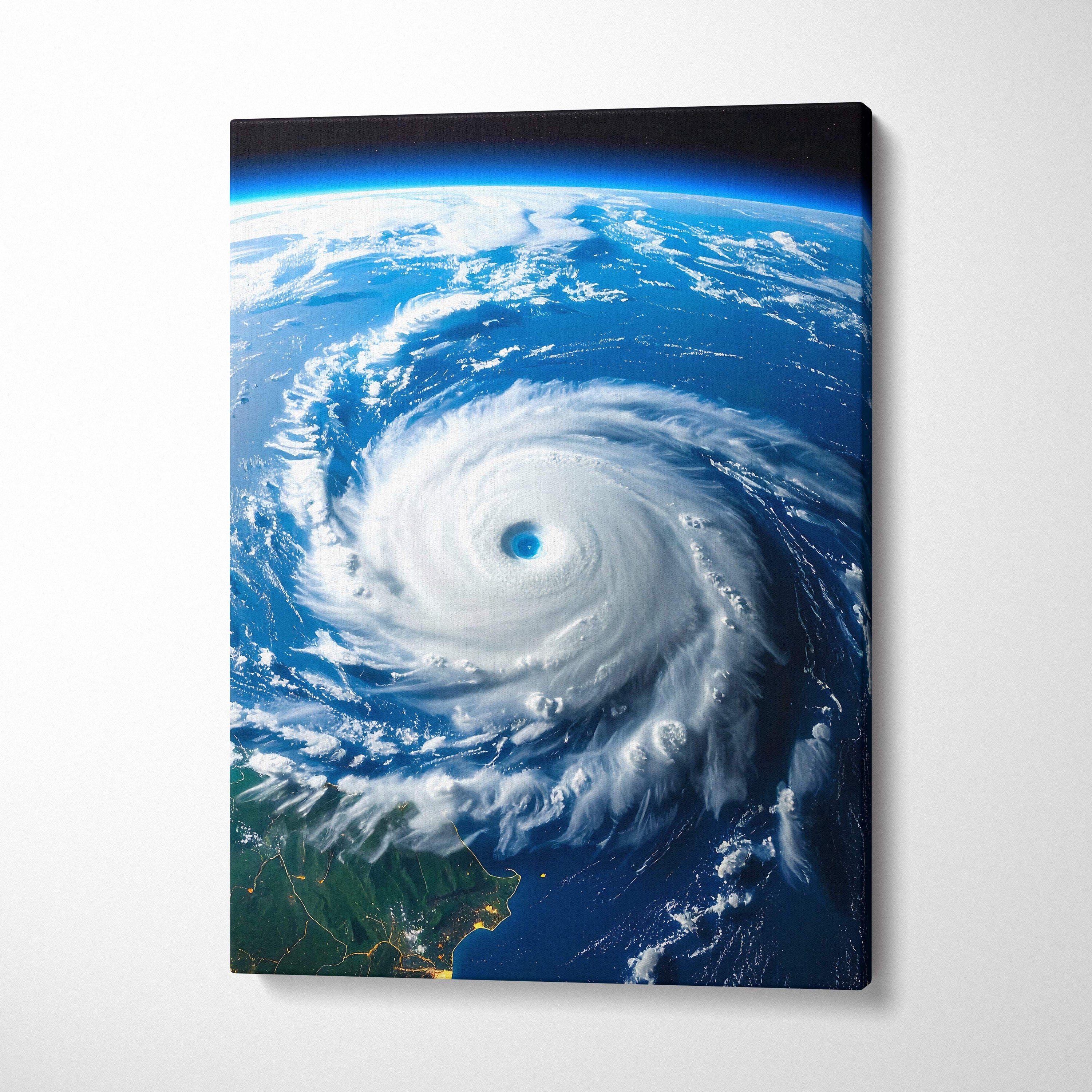 Hurricane from space canvas wall art depicting a swirling blue and white storm eye in vivid ocean cyclone colors