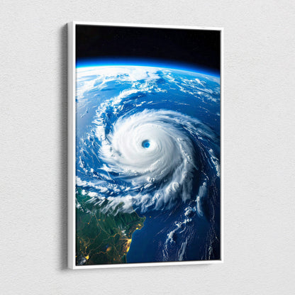 Framed hurricane from space canvas wall art featuring a swirling ocean cyclone eye in deep blues and whites