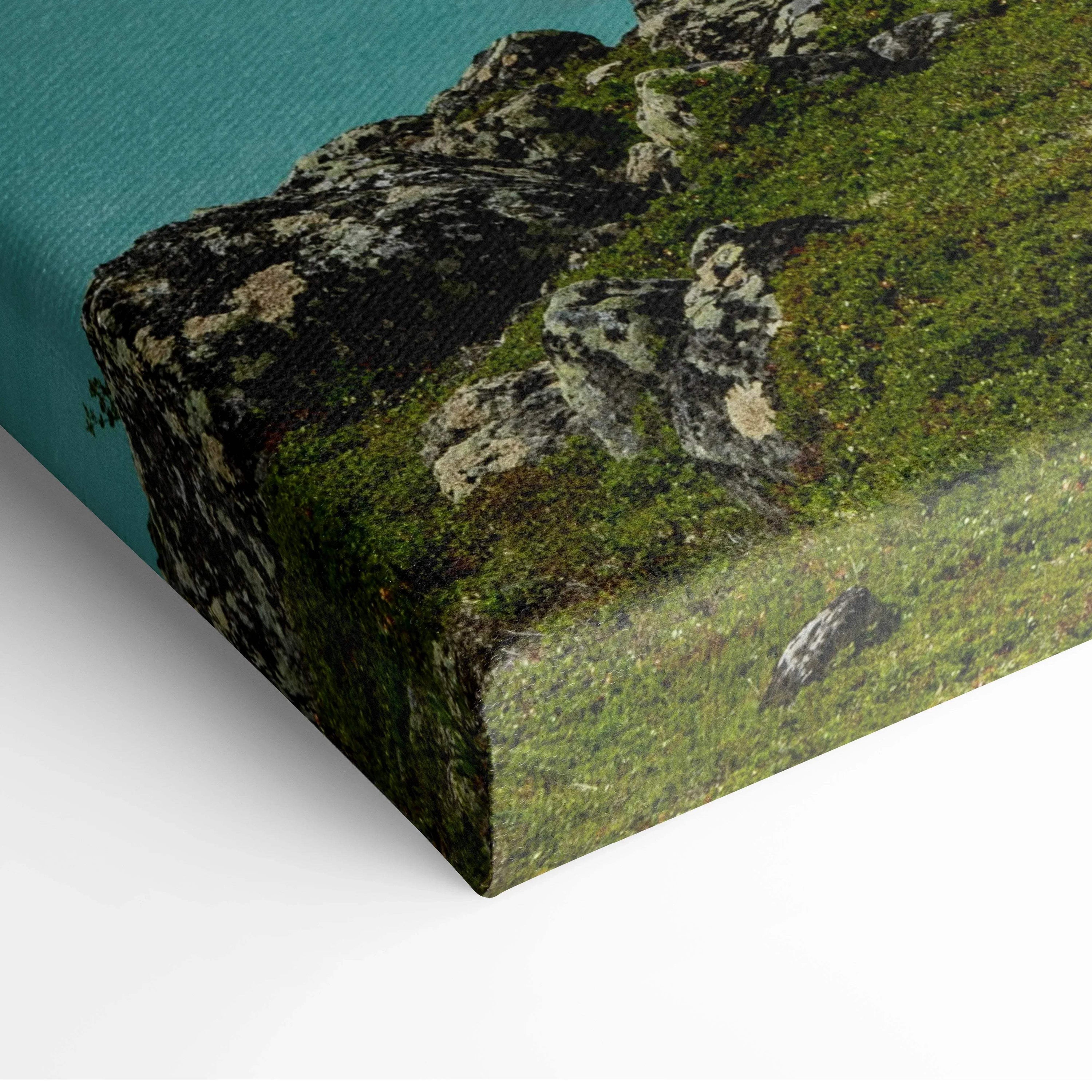 Close-up of canvas wall art corner featuring textured mountain landscape with green moss and rock details.