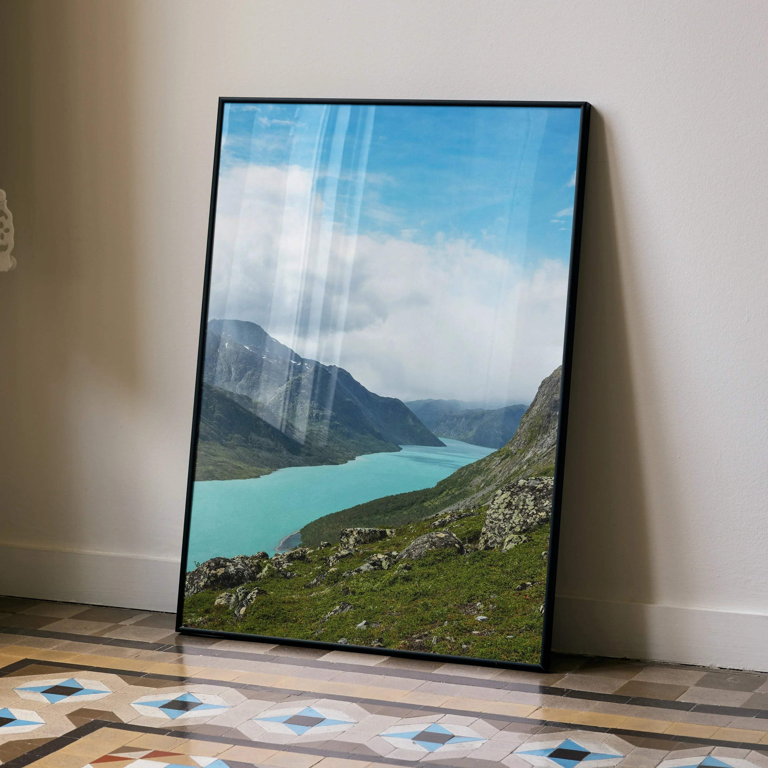 Vertical poster of a turquoise mountain lake under bright blue sky wall art.