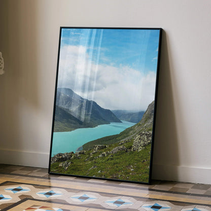 Vertical poster of a turquoise mountain lake under bright blue sky wall art.