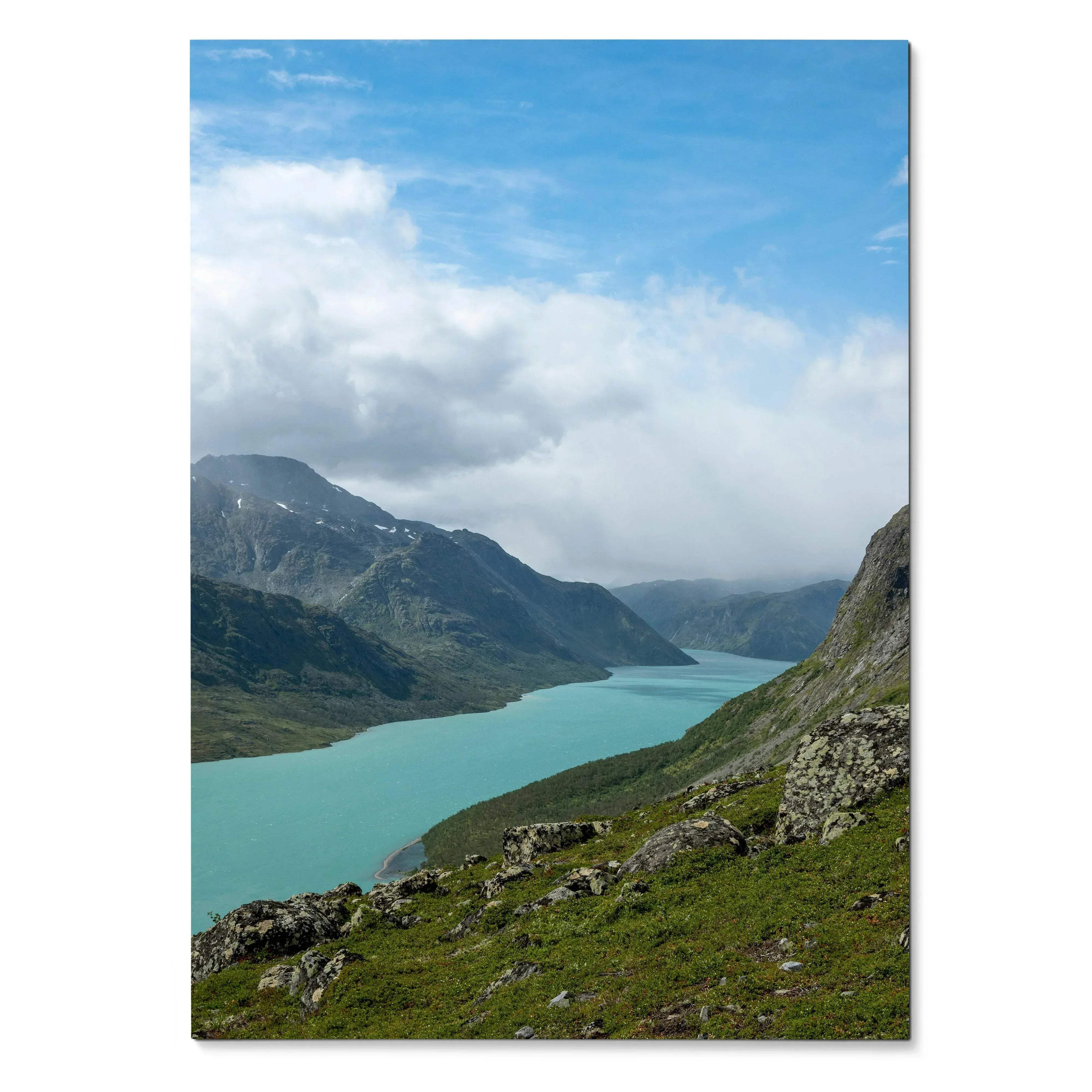 Vertical mountain landscape poster featuring a turquoise lake and cloudy sky wall art.