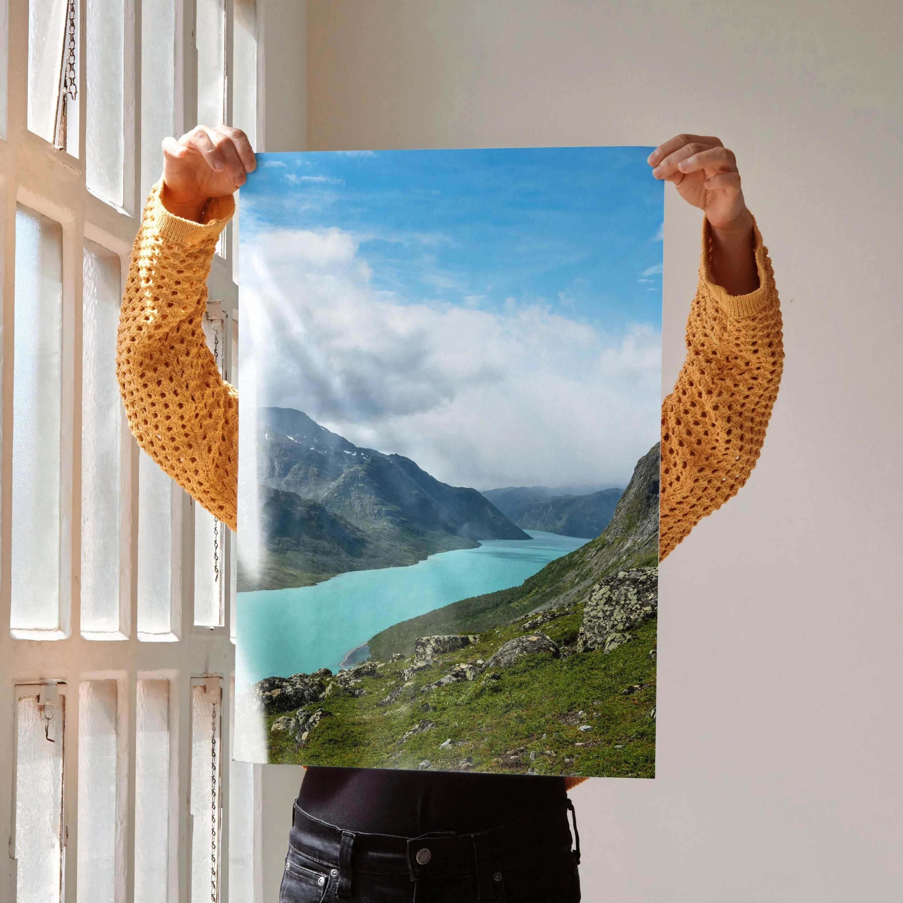 Vertical poster featuring majestic mountain landscape with turquoise lake and blue sky wall art.