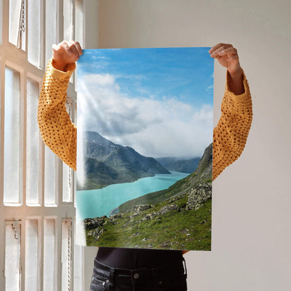 Vertical poster featuring majestic mountain landscape with turquoise lake and blue sky wall art.
