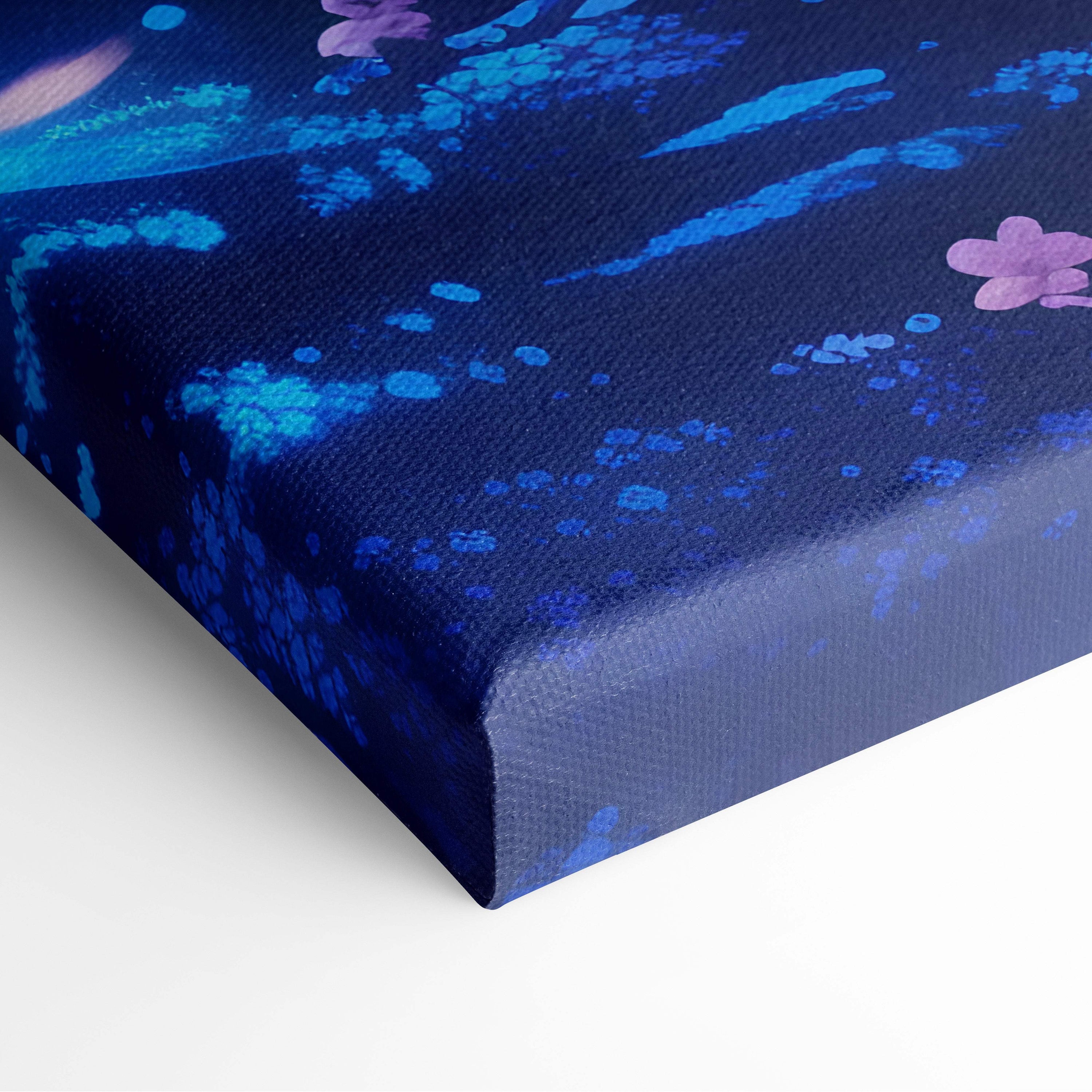 Blue moon cherry blossom canvas wall art with deep blue abstract splashes and delicate purple sakura petals