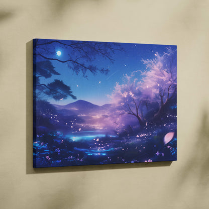 A rectangular canvas print of blue moon cherry blossom art featuring glowing purple and blue night forest with sakura petals