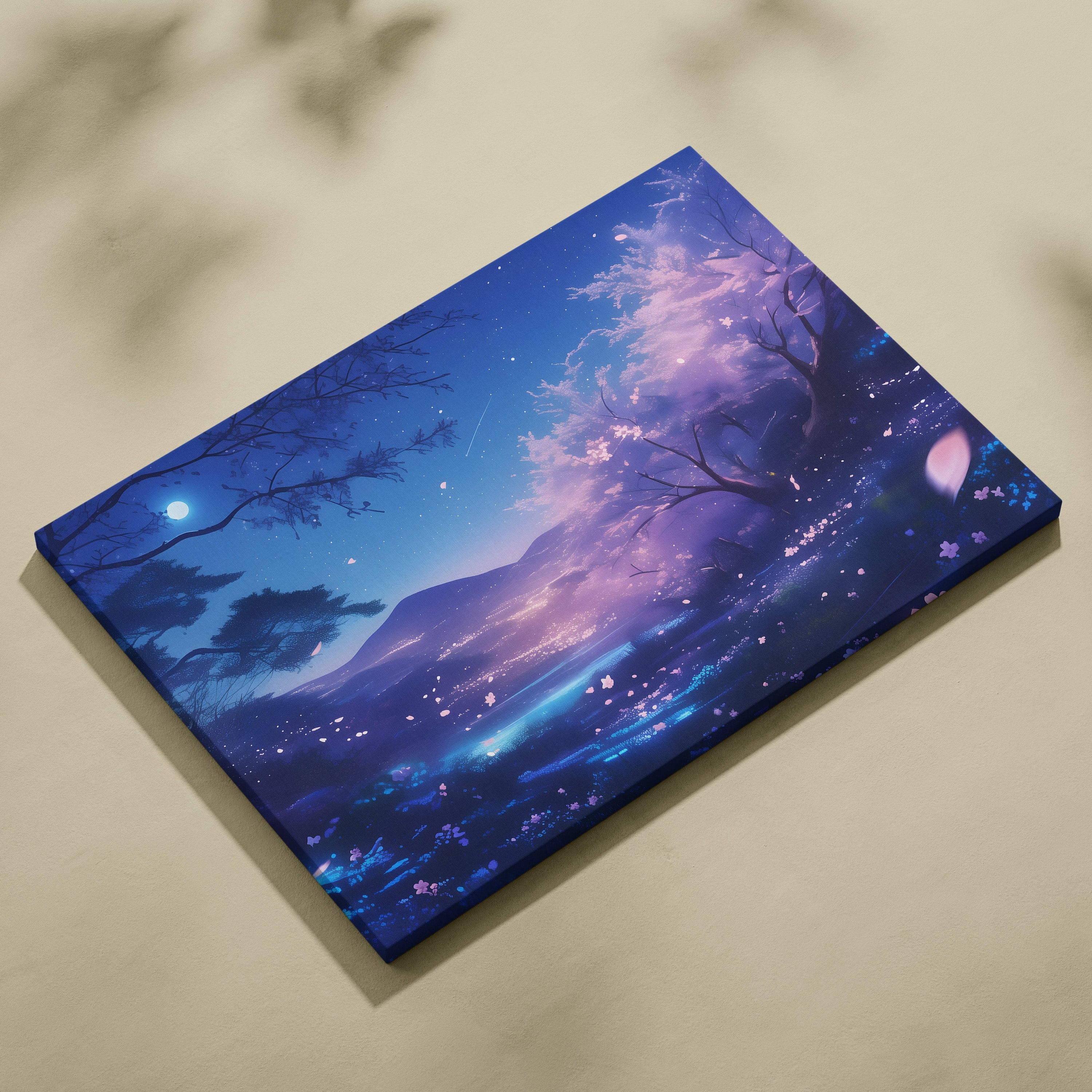 Blue moon cherry blossom canvas wall art with serene night scene of glowing sakura petals and starry sky in deep blues and purples