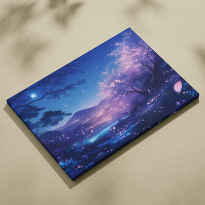 Blue moon cherry blossom canvas wall art with serene night scene of glowing sakura petals and starry sky in deep blues and purples