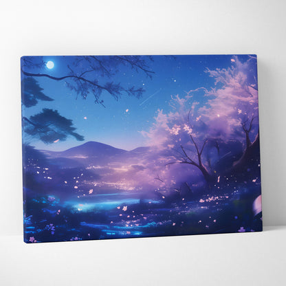 Blue moon cherry blossom canvas wall art with glowing night forest and falling sakura petals in dreamy anime style