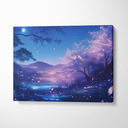 Rectangular canvas print of a blue moon cherry blossom landscape with glowing night forest and falling sakura petals