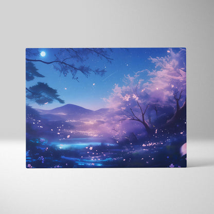 Blue moon cherry blossom canvas wall art with glowing night forest, falling sakura petals, and dreamy anime style