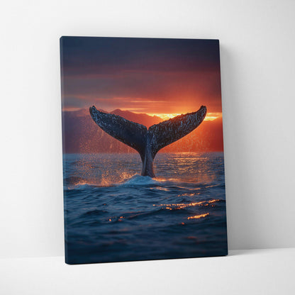 Canvas wall art featuring a whale tail emerging from ocean waters at sunset with vibrant orange and blue tones.