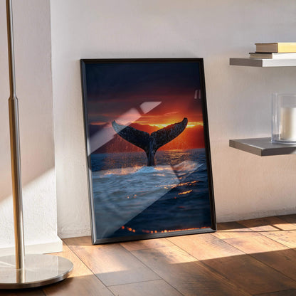 Vertical ocean sunset art poster featuring whale tail rising from shimmering water against vibrant orange sky wall art.