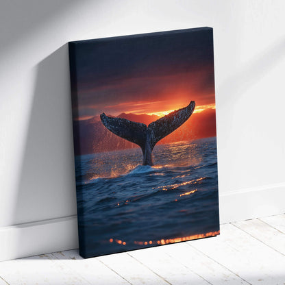 Canvas wall art featuring a whale tail emerging from ocean at vibrant sunset.