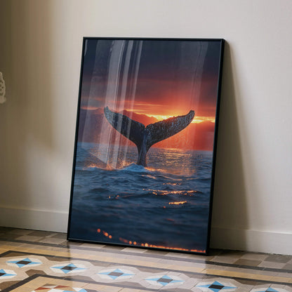 Vertical poster of whale tail emerging from ocean at vibrant orange sunset, wall art with nature scene.