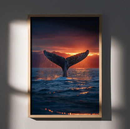 Ocean sunset wall art poster featuring a whale tail emerging from dark blue water.