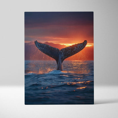 Canvas wall art featuring a whale tail rising from ocean at vibrant sunset with deep blue and orange tones.