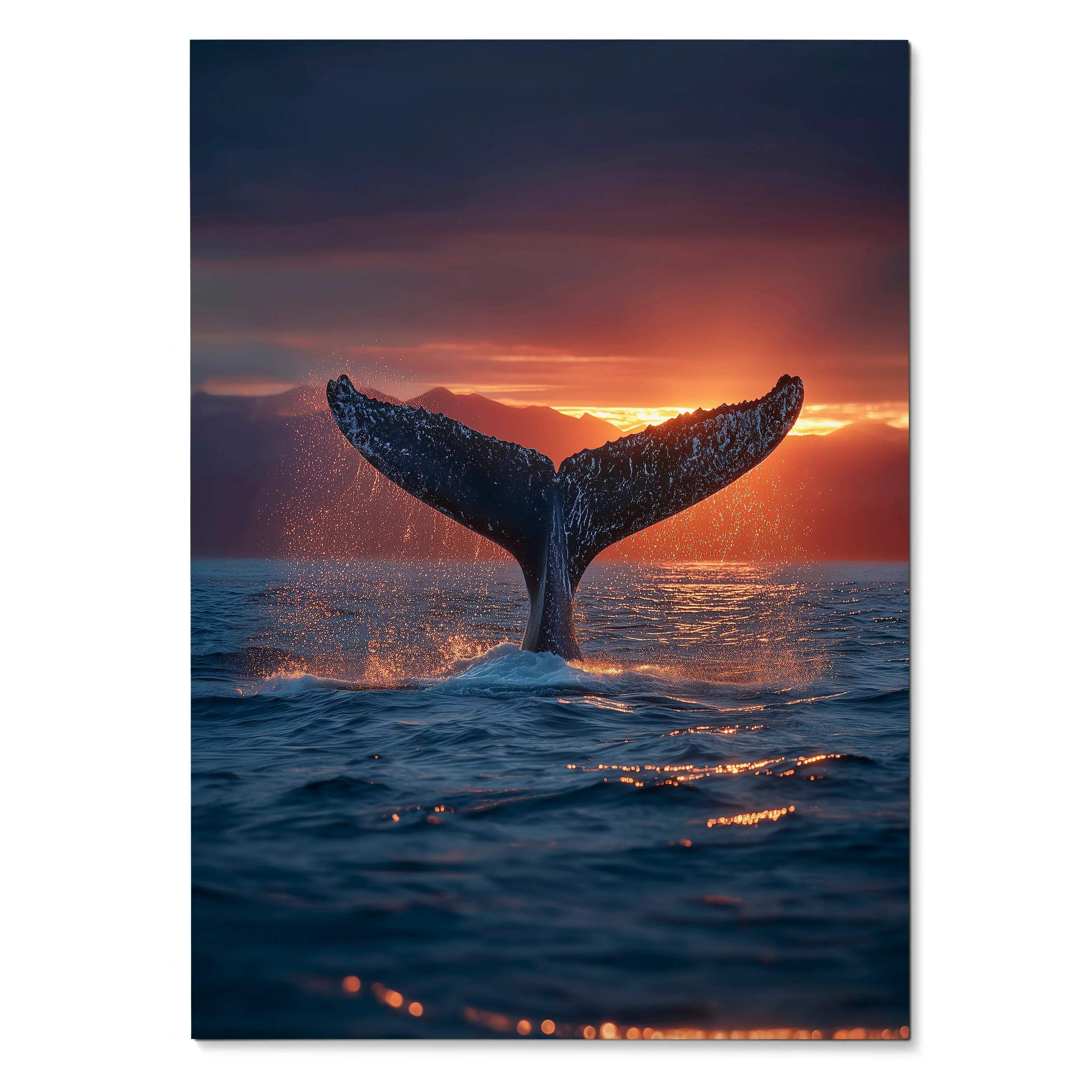 Vertical poster wall art of a whale tail rising from ocean waves against a vibrant red and orange sunset sky.