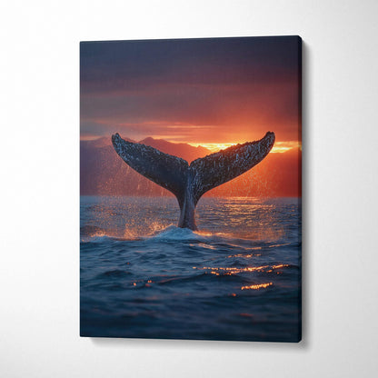 Canvas wall art showing a whale tail rising from ocean at vibrant sunset.