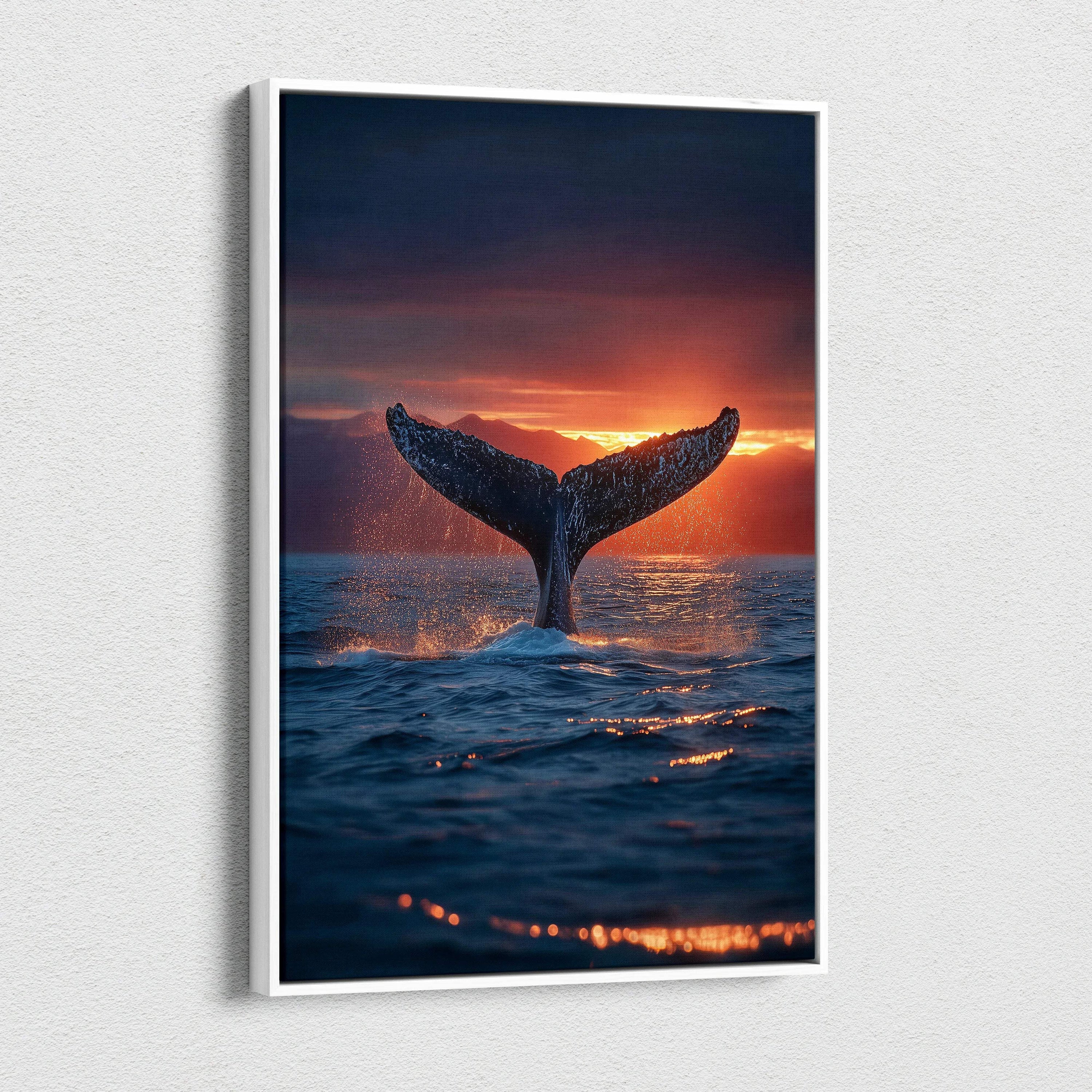 Vertical canvas wall art of whale tail above ocean at vibrant sunset.