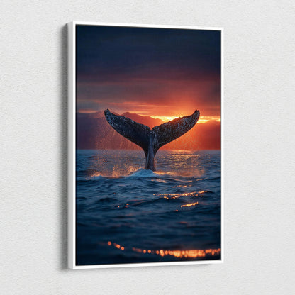 Vertical canvas wall art of whale tail above ocean at vibrant sunset.