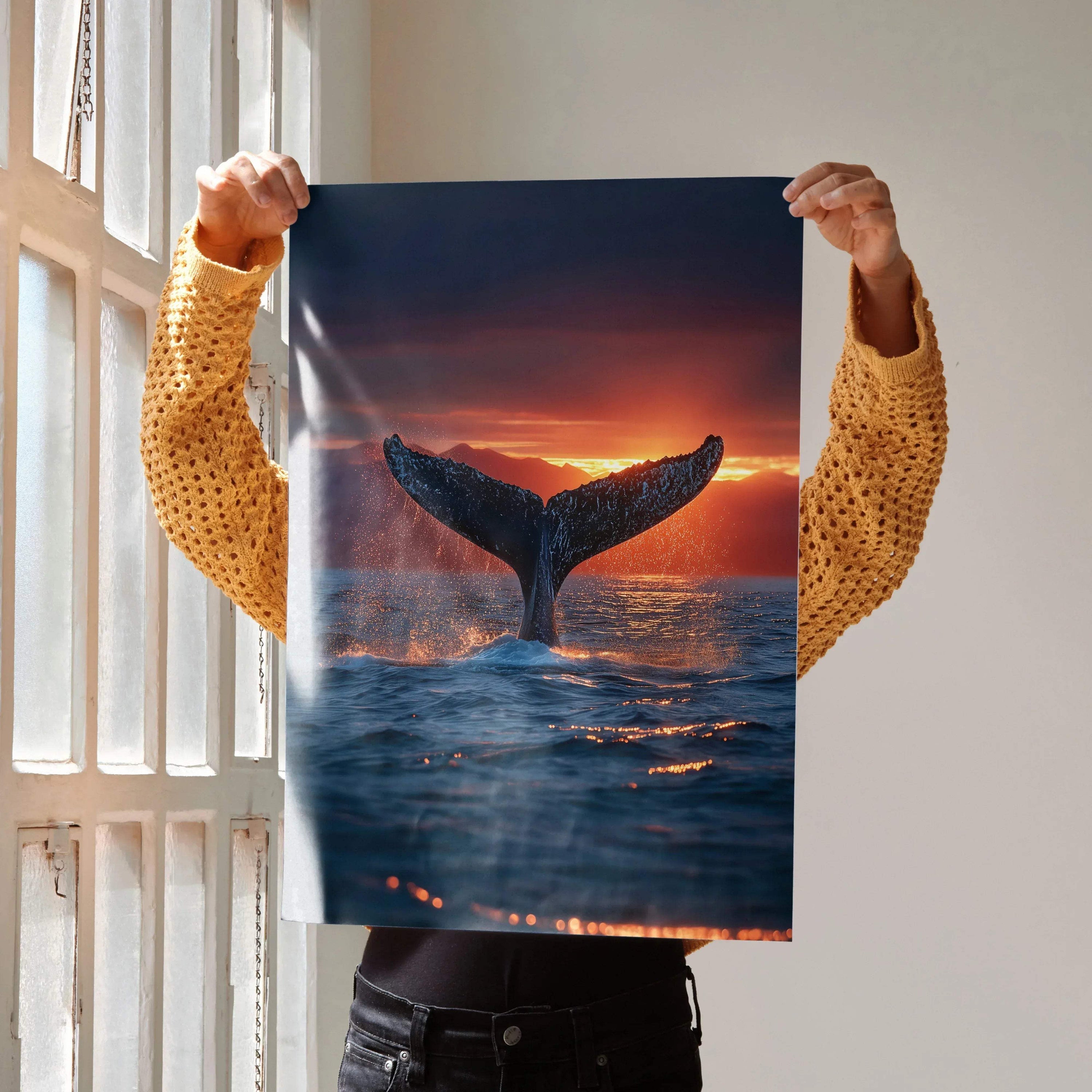 Ocean sunset poster with whale tail splashing water, vibrant sky, vertical wall art.