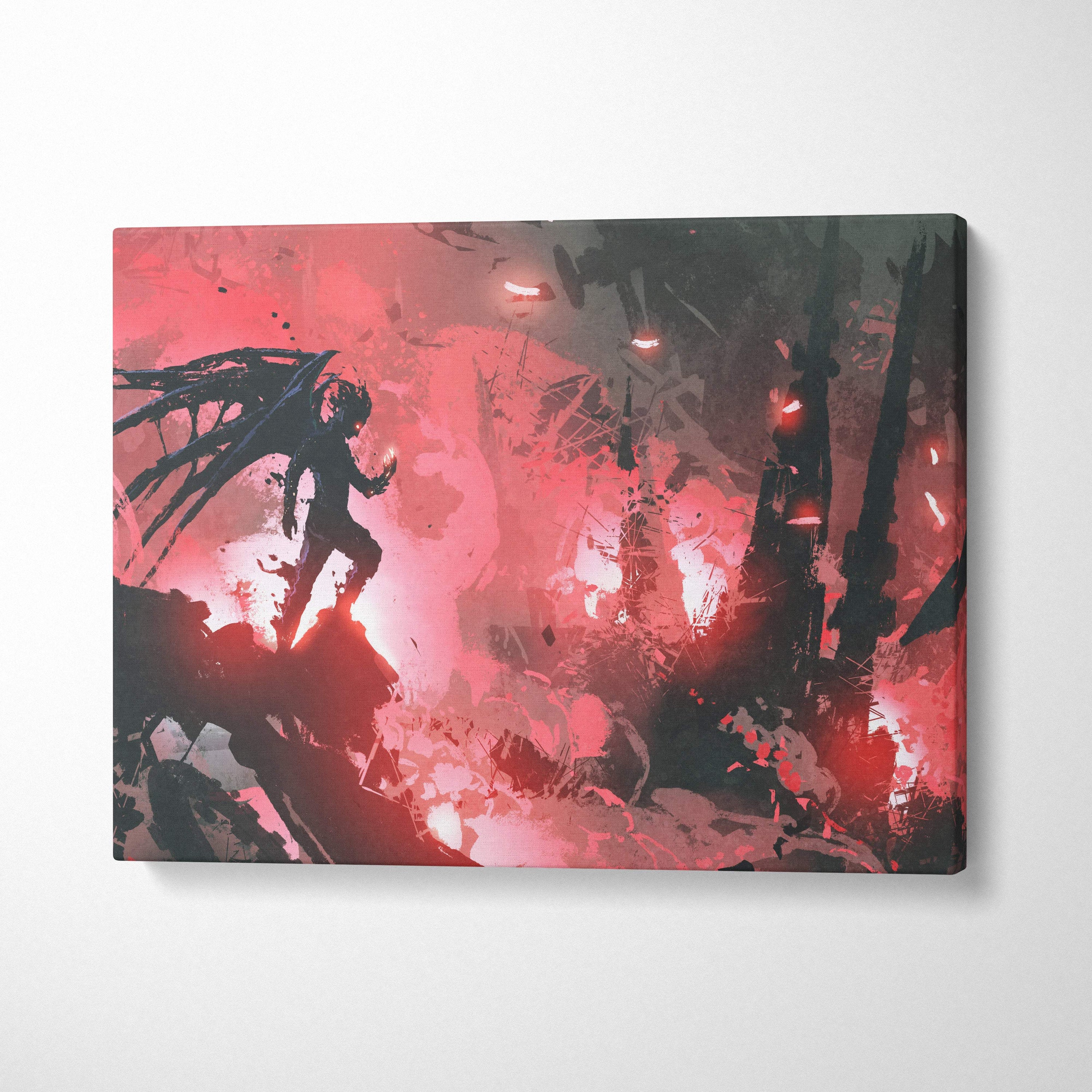 Dark fantasy demon canvas wall art featuring winged shadow figure in red and black apocalyptic abstract background