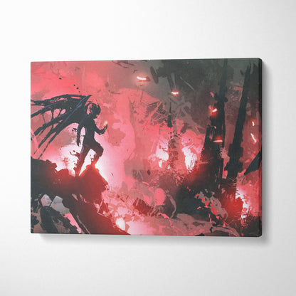 Dark fantasy demon canvas wall art featuring winged shadow figure in red and black apocalyptic abstract background