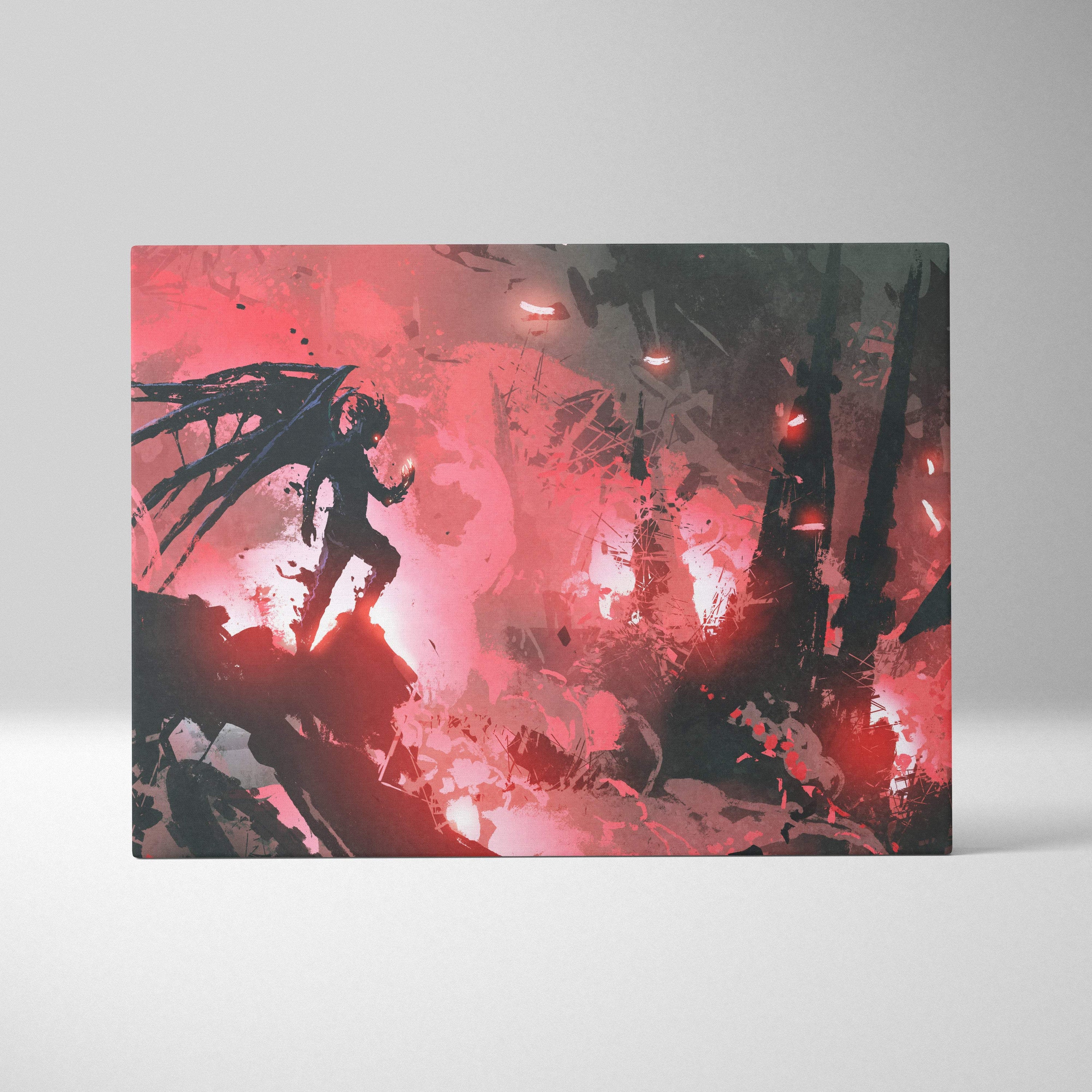 A rectangular canvas print of dark fantasy demon wall art featuring a winged silhouette with red and black abstract splashes