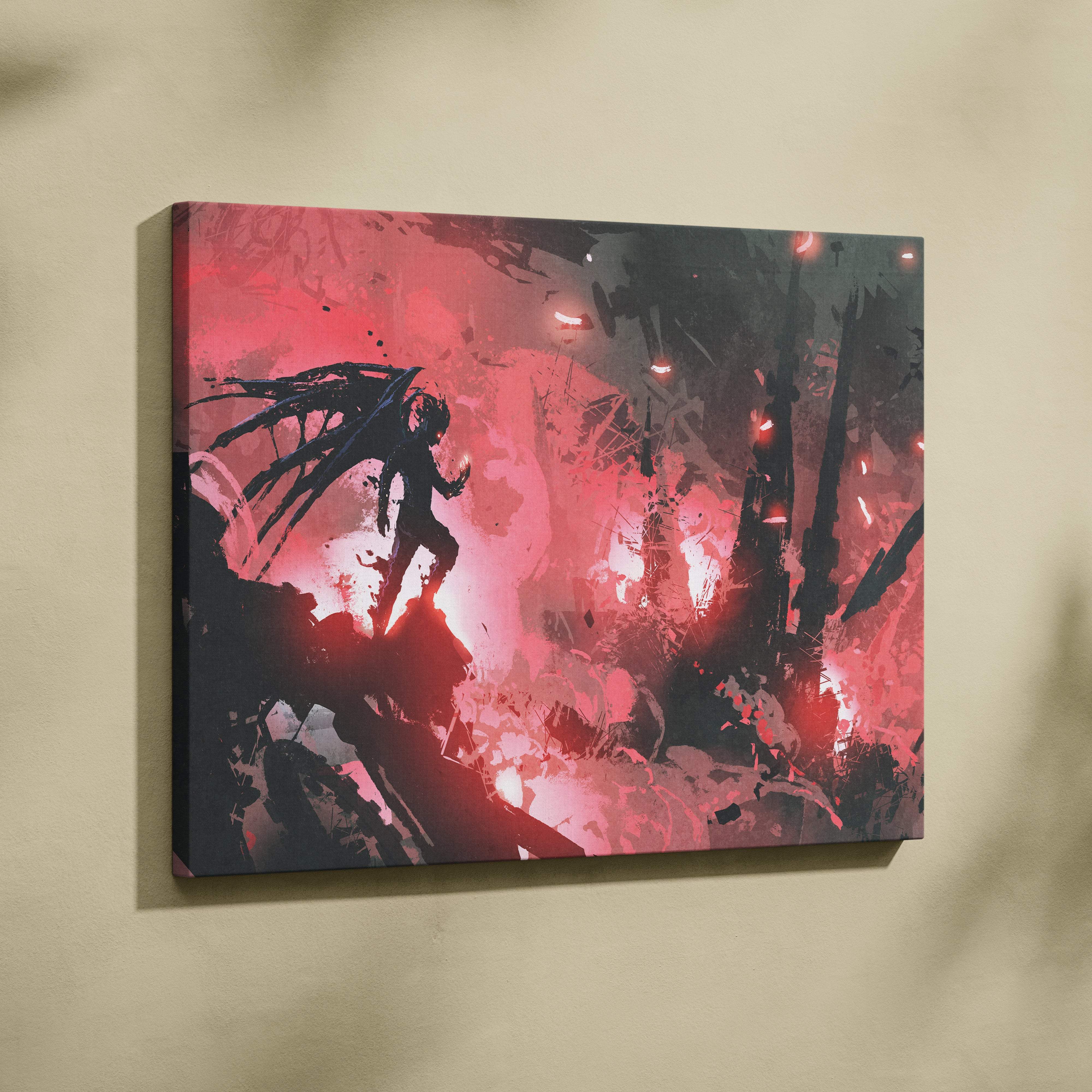 A rectangular canvas print of dark fantasy demon wall art with a winged shadow figure in red and black abstract paint