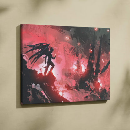 A rectangular canvas print of dark fantasy demon wall art with a winged shadow figure in red and black abstract paint