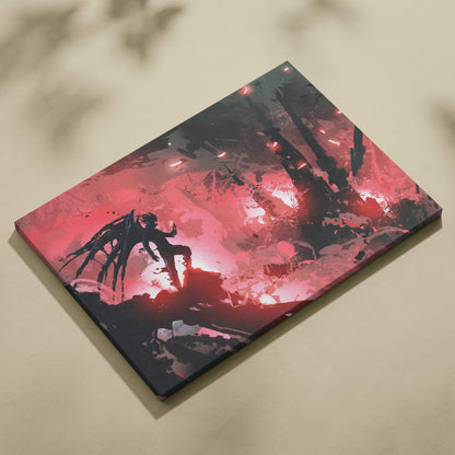 Dark fantasy demon canvas wall art featuring a winged shadow figure in red and black apocalyptic abstract scene