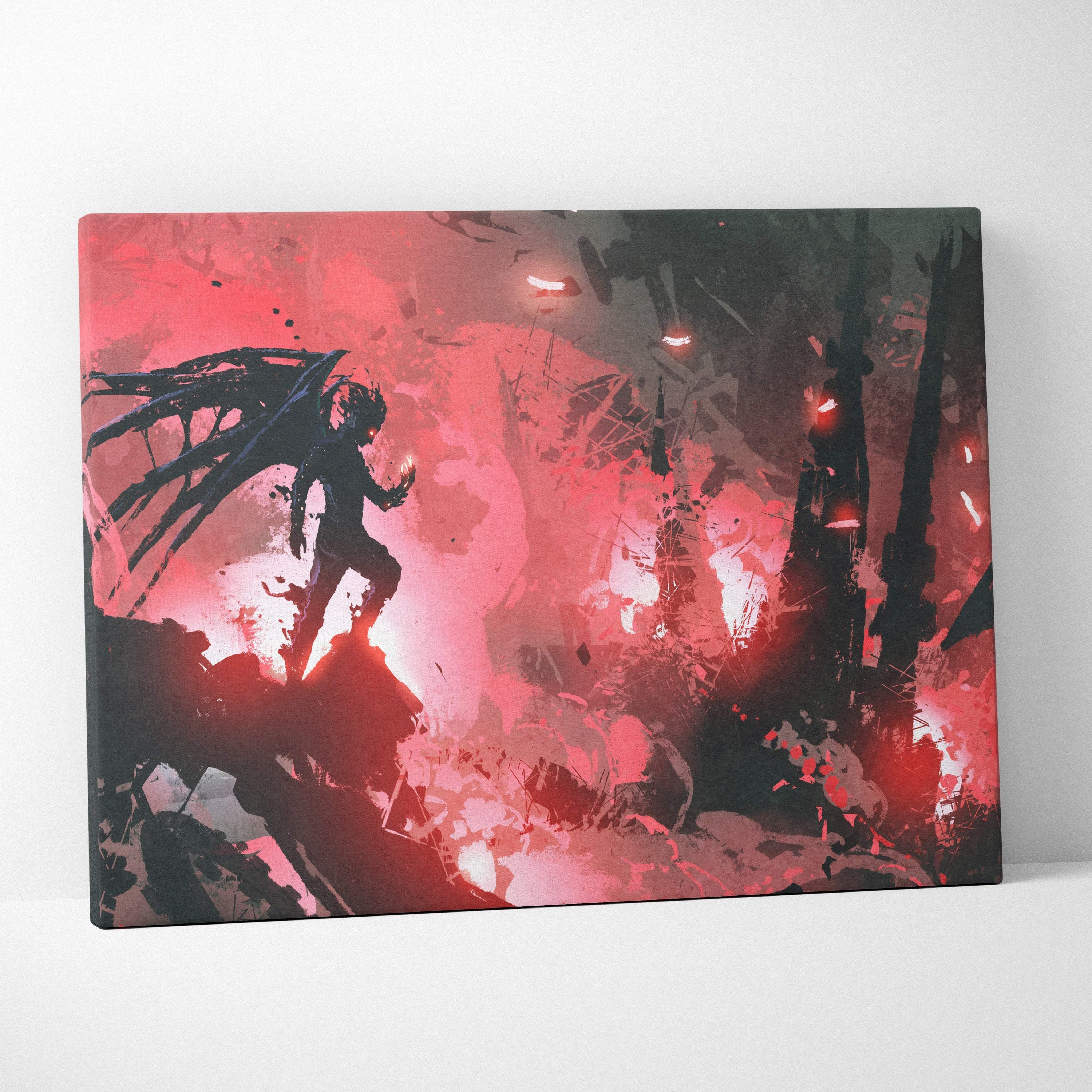 Dark fantasy demon canvas wall art featuring a red and black winged shadow figure on a fiery chaotic background