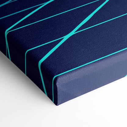 Navy blue canvas print featuring bold geometric teal lines in vaporwave neon mountain grid retrowave wall decor