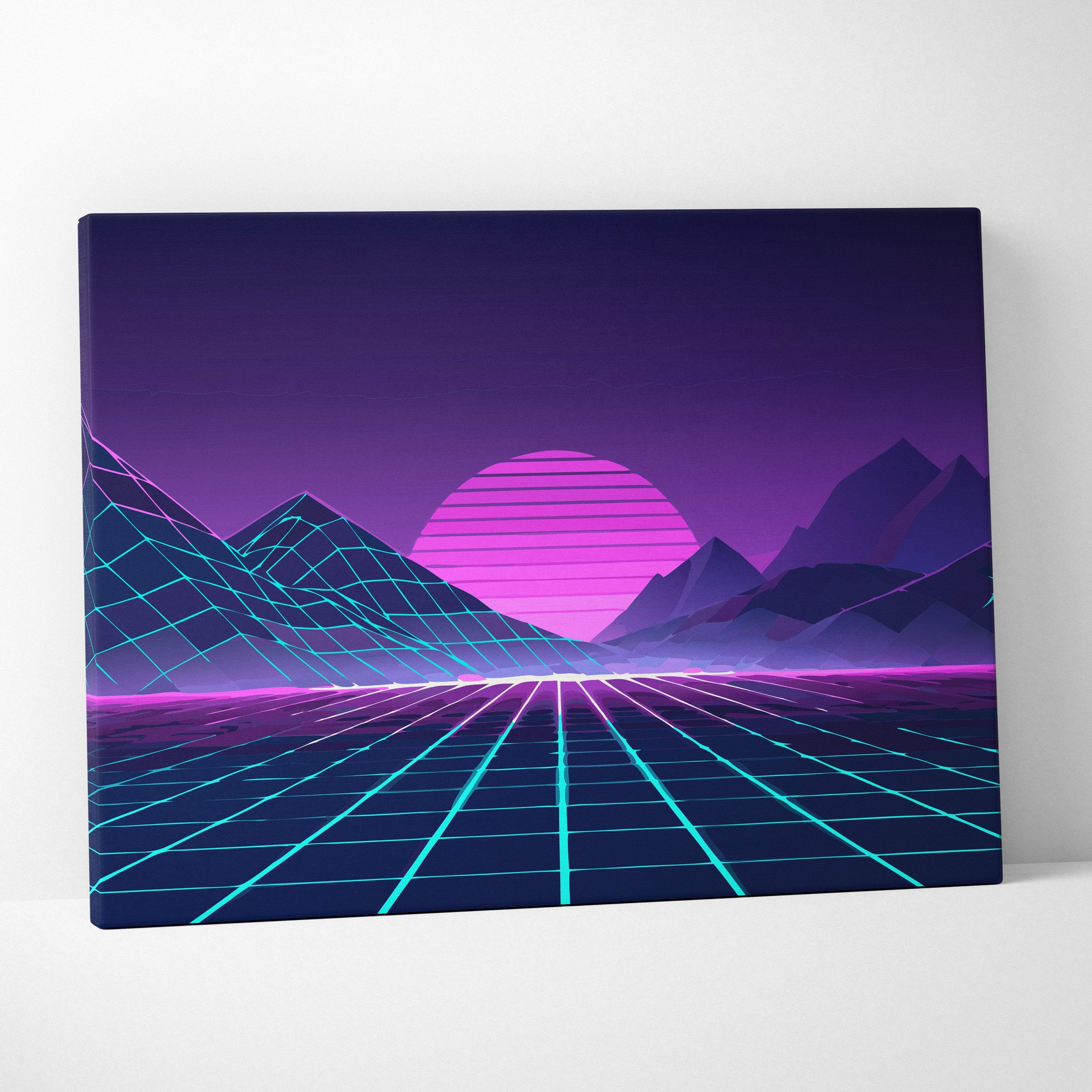 Vaporwave neon mountain grid canvas art print with glowing pink sun geometric mountains and neon blue grid lines on purple sky
