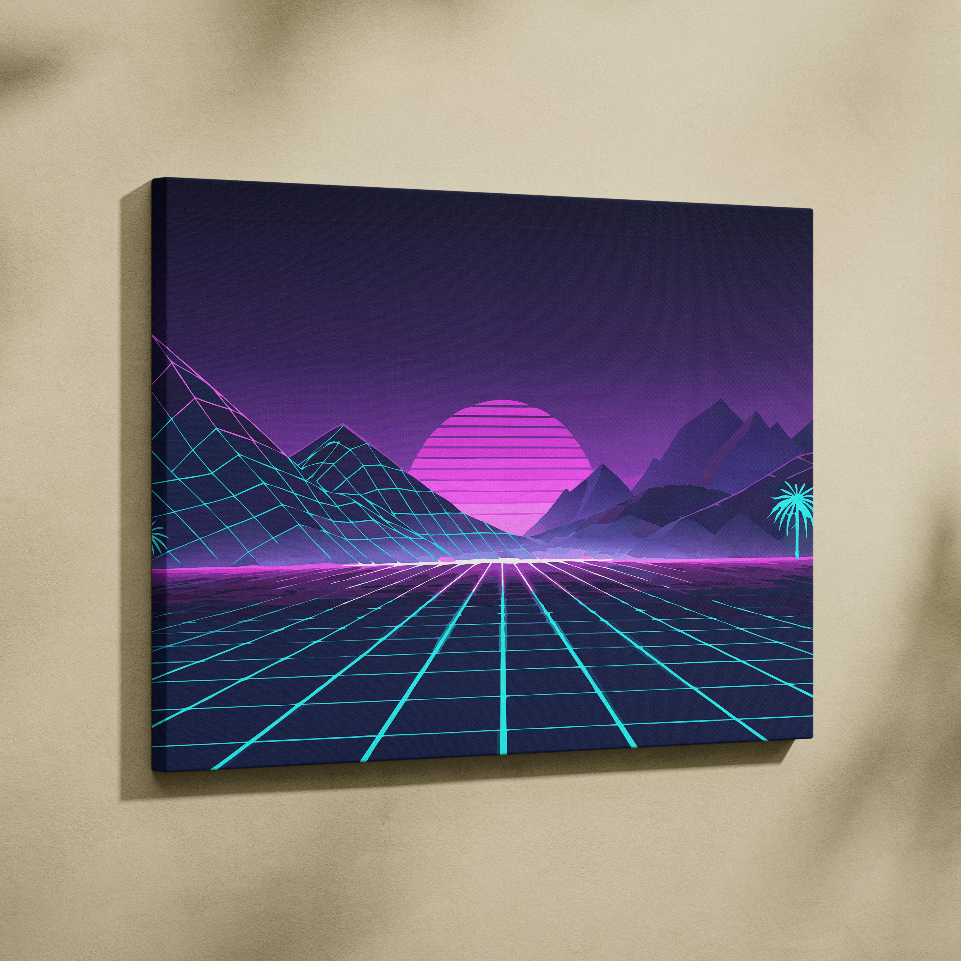 Vaporwave neon mountain grid canvas art print with glowing pink sun setting behind geometric mountains and neon grid lines