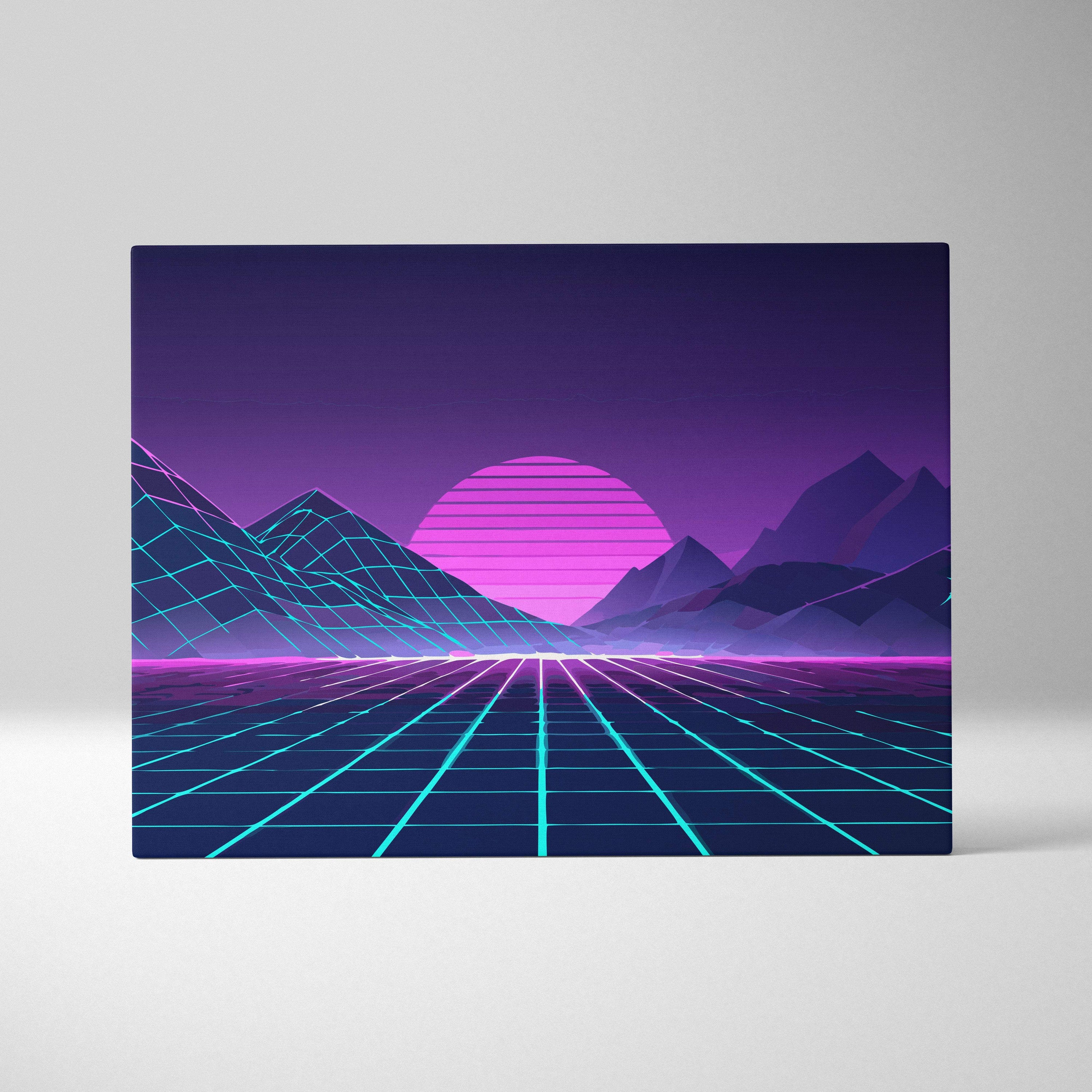 Vaporwave neon mountain grid canvas art print with glowing pink sun geometric mountains cyan synthwave grid lines