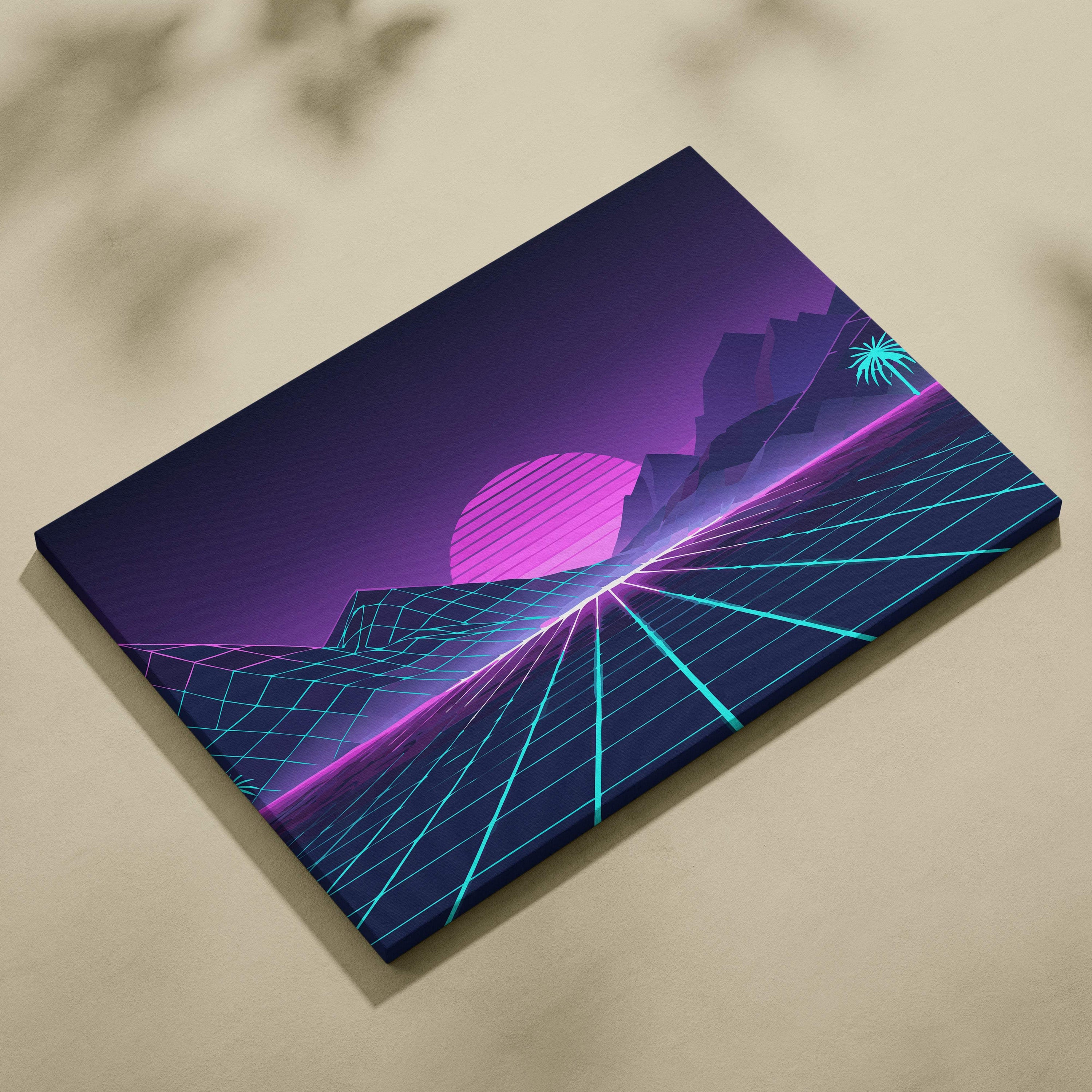 Vaporwave neon mountain grid canvas art print with glowing pink sun, cyan grid lines, palm trees, and purple sky background