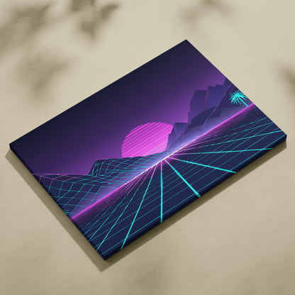 Vaporwave neon mountain grid canvas art print with glowing pink sun, cyan grid lines, palm trees, and purple sky background