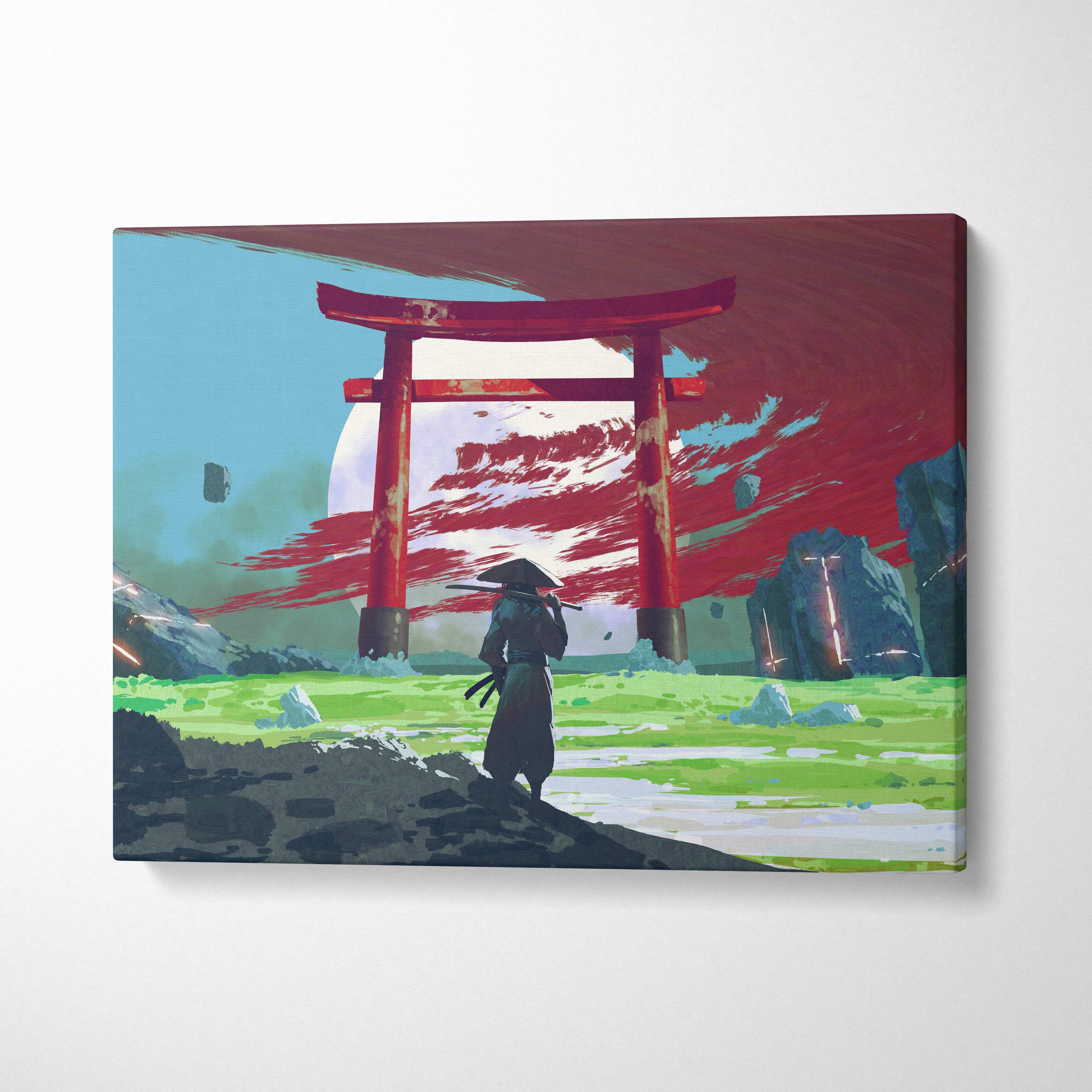 A vibrant digital canvas print of a red torii gate with a lone samurai under a crimson sky and moonlit horizon