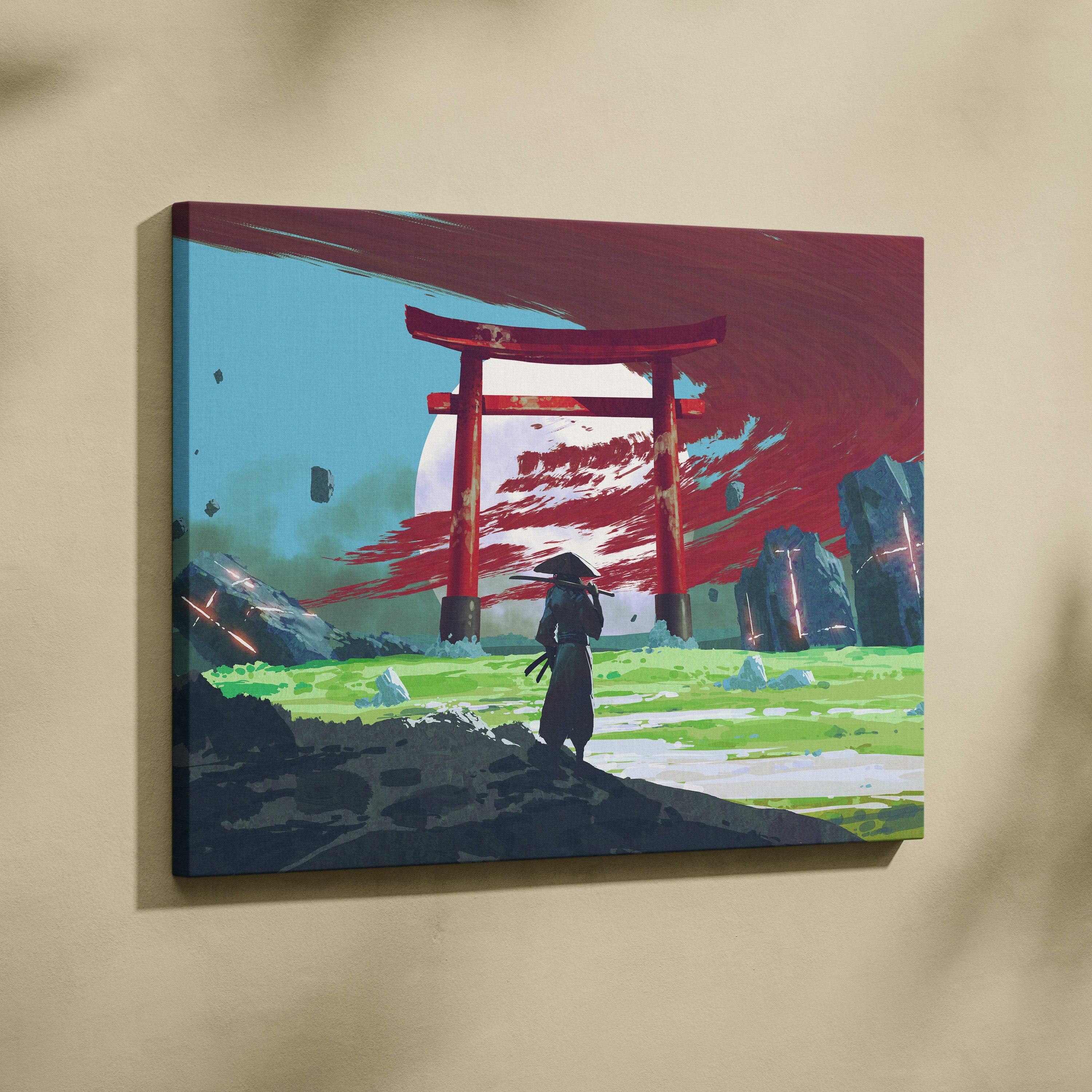 Vibrant digital wall art of a lone samurai before a red torii gate under a surreal crimson and teal sky