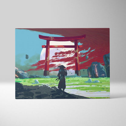Vibrant wall art of a red torii gate with a lone samurai under a crimson sky in a japanese-inspired fantasy landscape