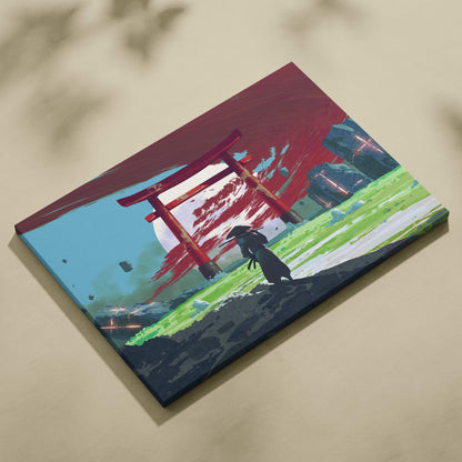 Vibrant digital canvas print of a stylized red torii gate with teal green and crimson brushstrokes background wall art