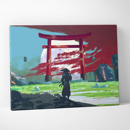 A vibrant digital canvas print of a red torii gate with a lone samurai under a crimson sky and floating rocks