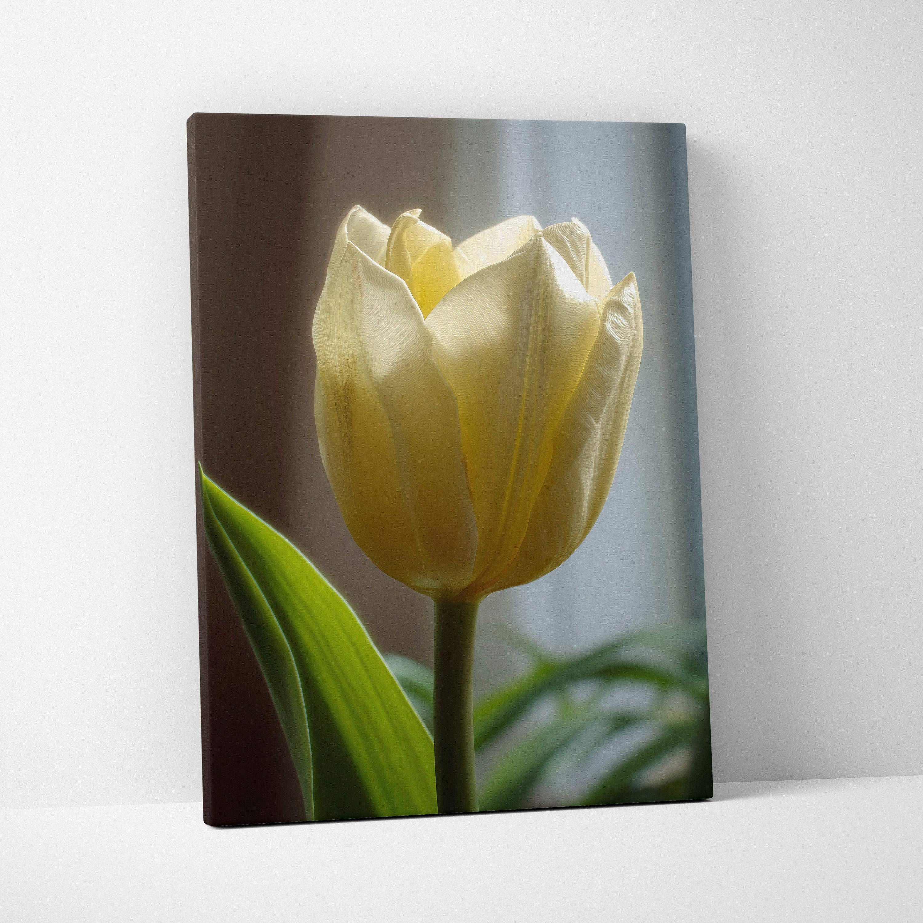 Yellow tulip floral digital canvas wall art print with green leaves and soft background.