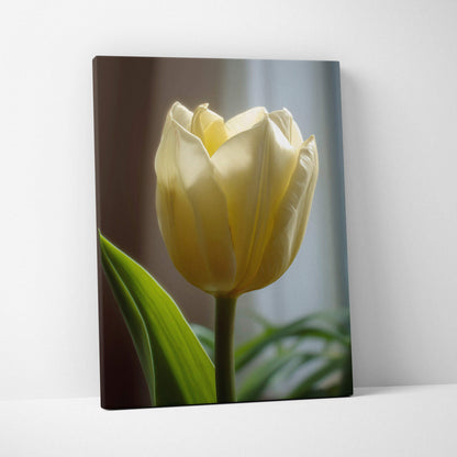 Yellow tulip floral digital canvas wall art print with green leaves and soft background.